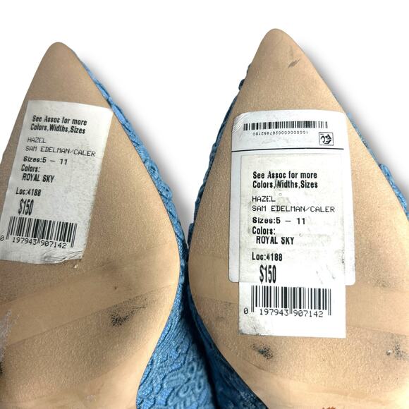 Sam Edelman Hazel Heels Size 5.5 Royal Sky Blue Lace Pointy Toe Stiletto Pumps - Picture 6 of 12